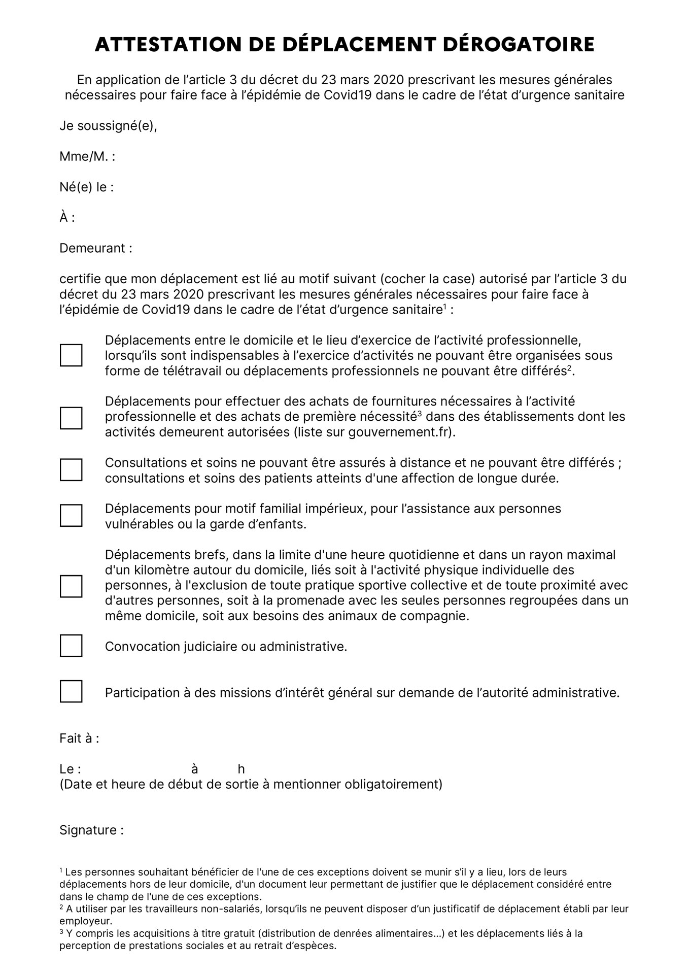 Attestation de déplacement dérogatoire Covid-19