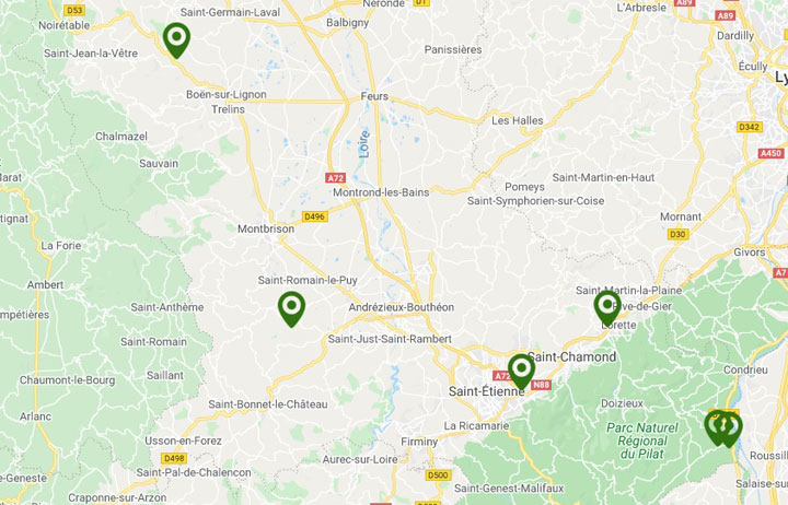 localisation des nids de frelons asiatiques détruits dans le département de la Loire en 2019